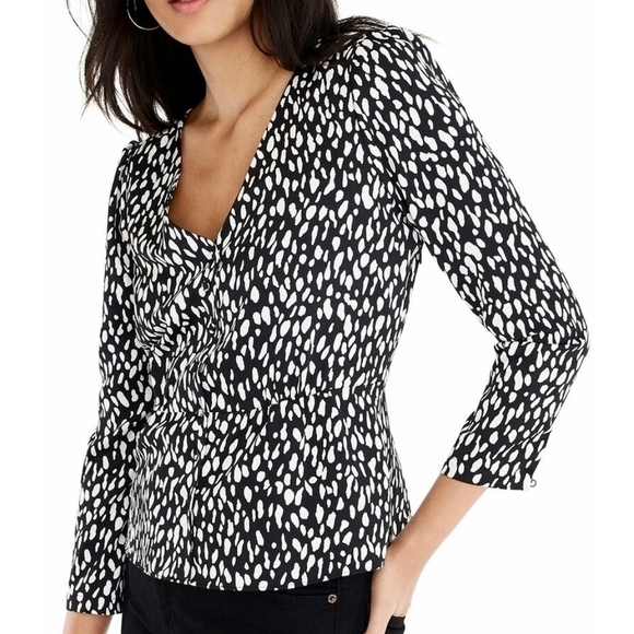 J. Crew Long-sleeve Peplum Top Printed Satin-Crepe Black White Abstract K4111 - Picture 4 of 10